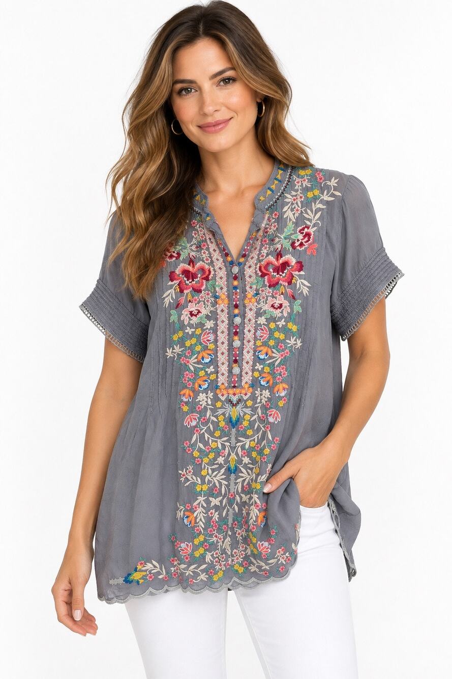 Johnny Was Embroidered Tunic Top Small Gray Floral Boho